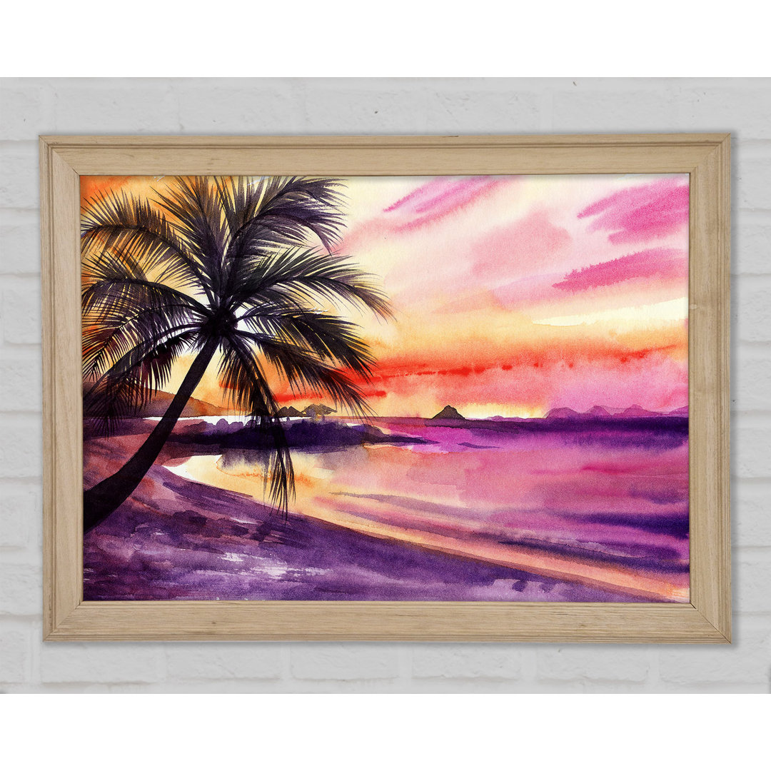 Gerahmtes Leinwandbild Watercolour Purple Palm Tree Ocean