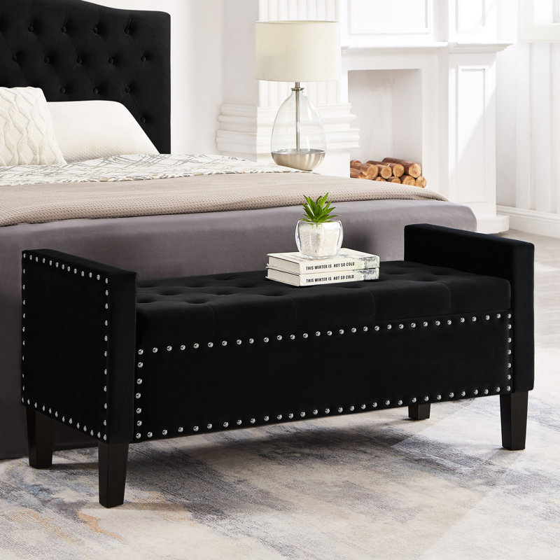 Banc de rangement rembourré avec accoudoirs - Boutons en velours noir, bois pour le salon, grand espace intérieur avec revêtement en boutons, espace spacieux en bois