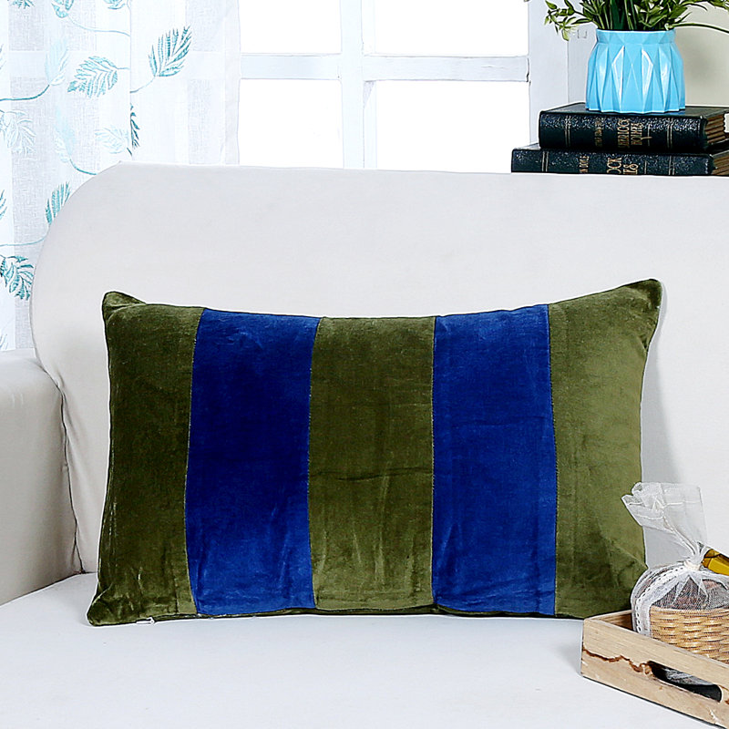 Striped Velvet Lumbar Throw Pillow, Blue Green