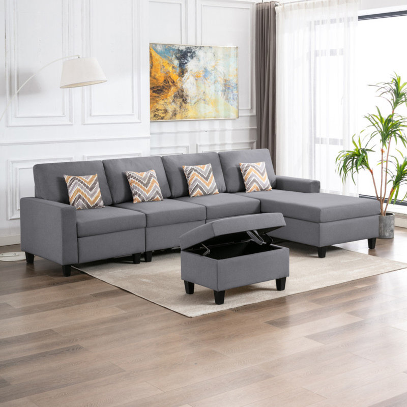 Méridienne réversible 5 pièces en tissu de lin avec pieds interchangeables, repose-pieds et oreillers Modern Modern