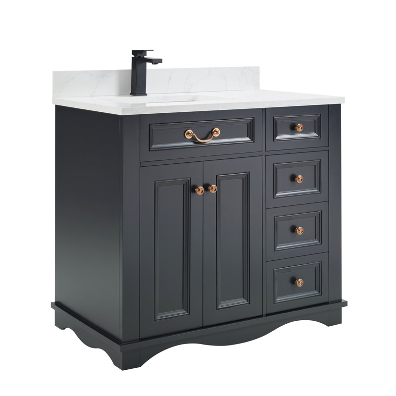 36" Solid Wood Sink Vanity  With 1' Artificial Stone Top, Tricorn Black