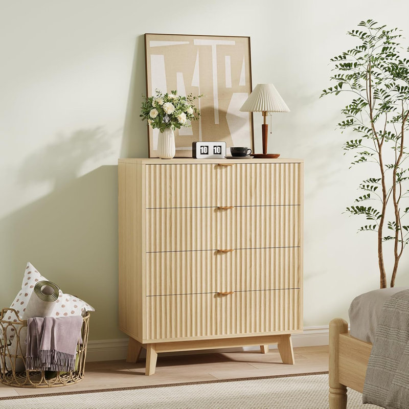 Mid-Century Fluted 4-Drawer Dresser, Natural Wood Chest of Drawers for Bedroom, Boho Storage Organizer