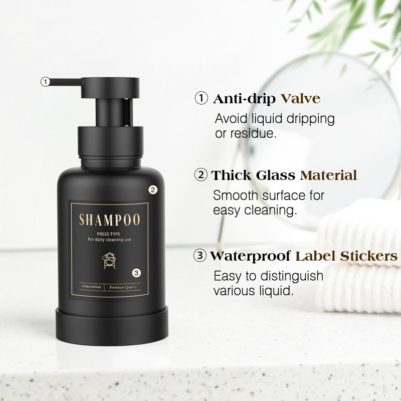 Distributeur de savon moussant, distributeur de savon à pompe en mousse de verre, distributeur de savon à main antidérapant avec 5 étiquettes imperméables, distributeur de savon liquide rechargeable de 15 oz pour salle de bain et cuisine, paquet de 2