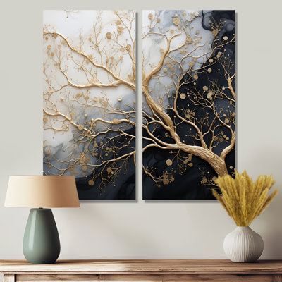 Golden Branch Tree Luminous Tangle III - Floral Tree, reproduction d'art monochrome sur toile
