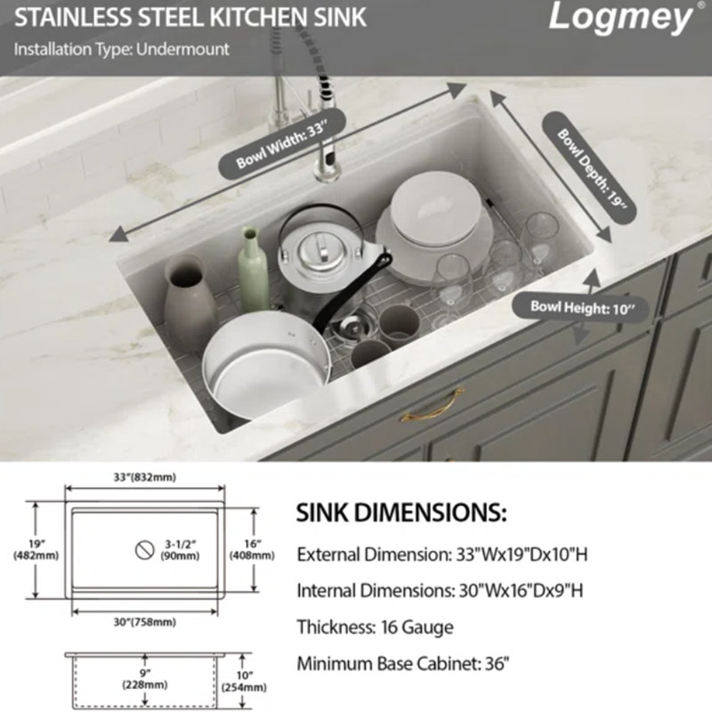 33" L x 19" W Undermount Kitchen Sink Workstation Kitchen Sink 16 Gauge Stainless Steel Sink
