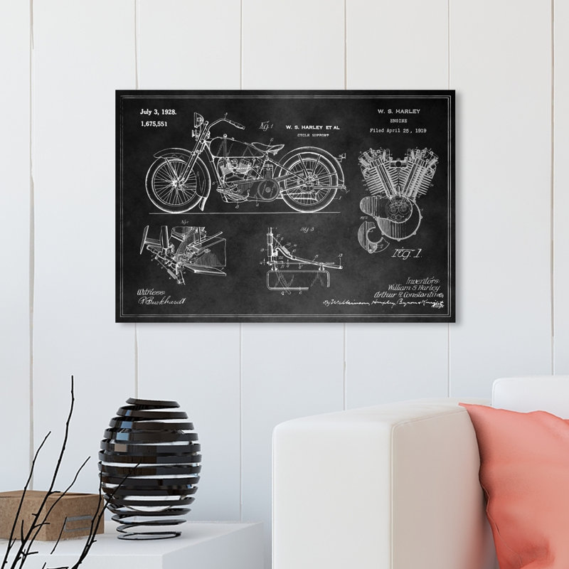 «Harley Engine 1923 Set Horiz Chalkboard», impression encadrée, H 20 po x l 30 po x P 0,75 po, Toile tendue
