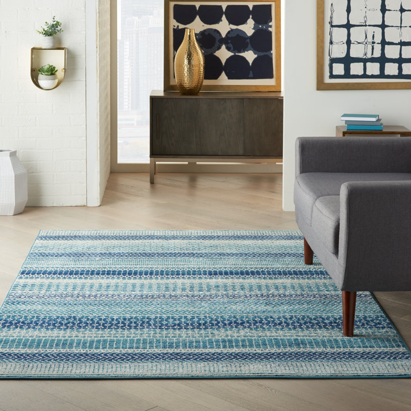 Tapis bleu marine à rayures Gillsville, Rectangle 3 pi 9 po x 5 pi 9 po