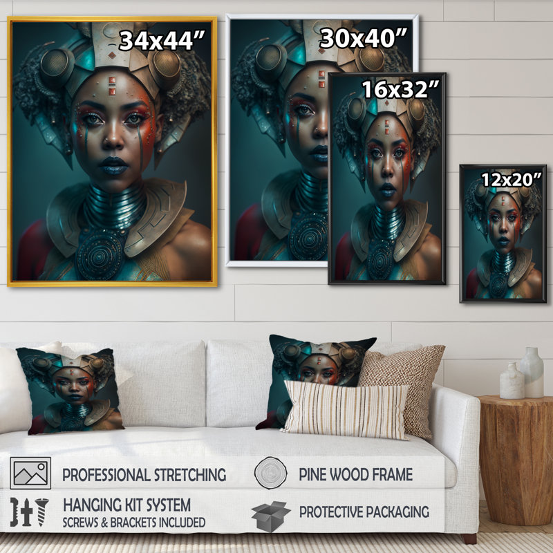 Cordray Futuristic African American Warrior sur toile, H 40 po x l 30 po x P 1,5 po, Cadre flottant doré