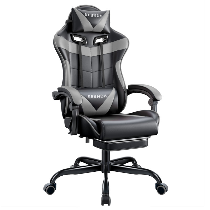 High-Back Adjustable Reclining Ergonomic Faux Leather Swiveling Pc & Racing Gaming Chair With Footrest, Black/Gray