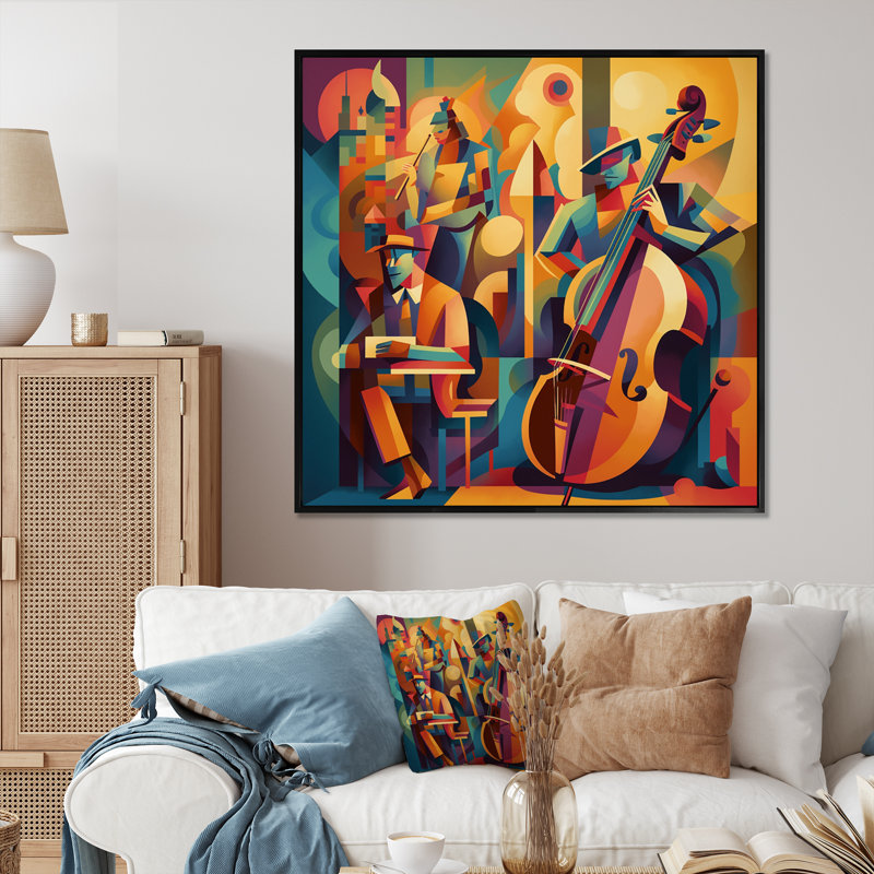 Jazz Band Performance I - Music Jazz, art mural, H 36 po x l 36 po x P 1,5 po, Cadre flottant noir
