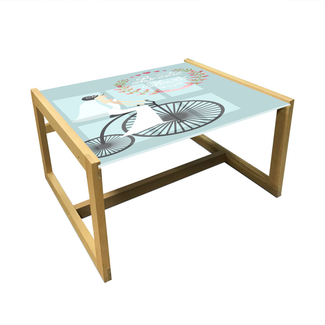 Bridal Shower Coffee Table, Bride In Wedding Dress Bicycle Flowers Celebration Image, Acrylic Glass Center Table With Wooden Frame For Offices Dorms C