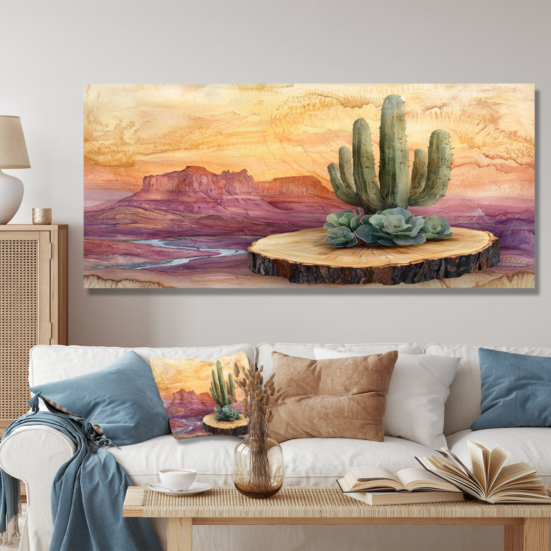 Cactus du désert sur un plateau en bois I - Cactus Wall Art, H 28 po x l 60 po, Toile tendue, Ne s’applique pas