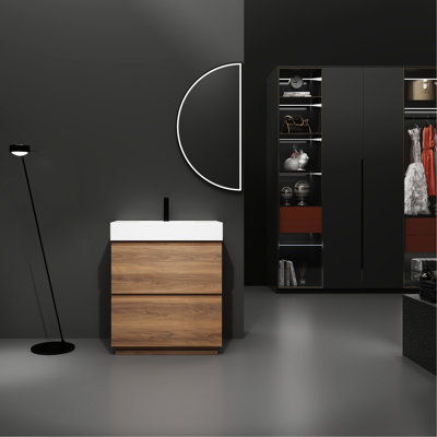 Meuble-lavabo de 30 po avec lavabo simple. Meuble-lavabo sous-comptoir moderne à deux tiroirs. Autoportant, bois d'ingénierie, brun. Luminaire autoportant contemporain à 2 éléments resplendissants