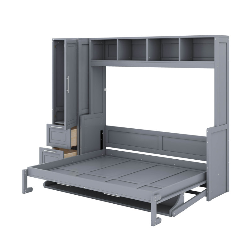 Grand lit escamotable avec placard et tiroirs, Gris