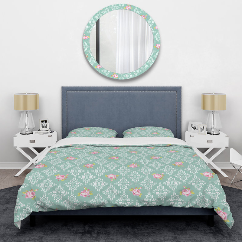 Damas vert et rose - ensemble de housse de couette abstrait - microfibre de polyester