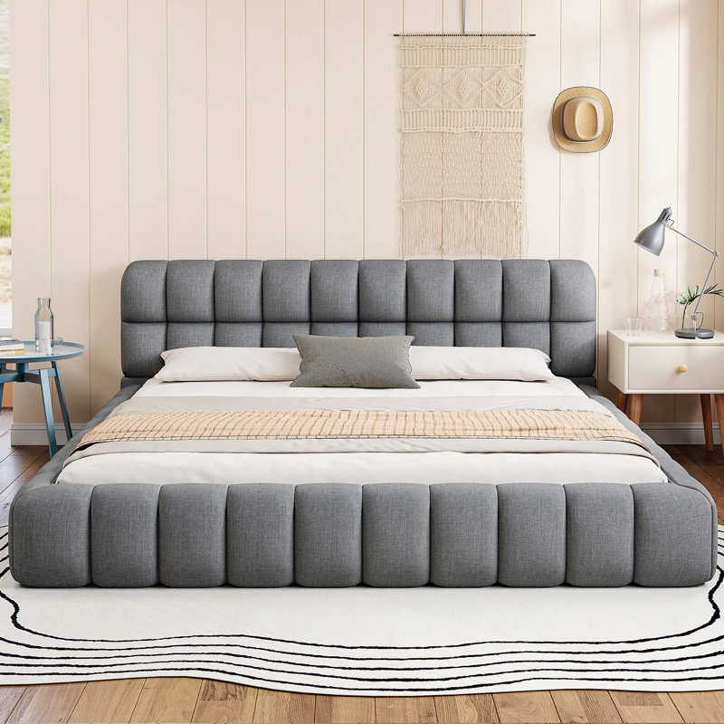 Lit plateforme tapissier avec tissu épais, lit au sol avec structure solide, Gris