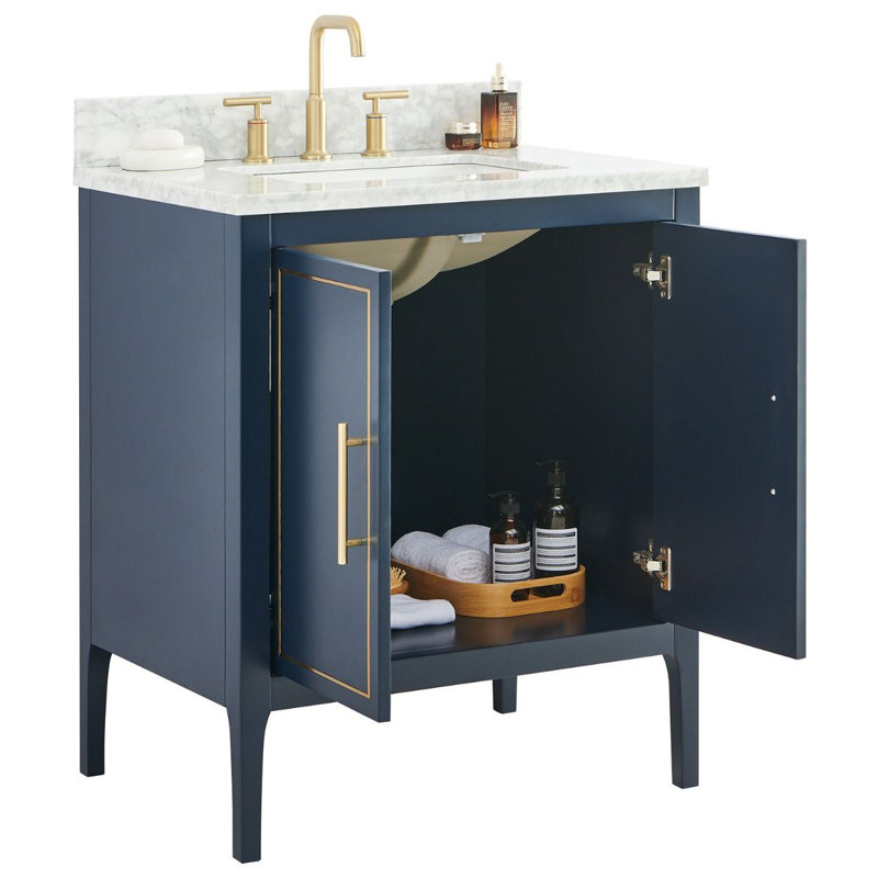 Ensemble de meuble-lavabo simple 30 po avec plateau en marbre Carrara Marianus, Bleu marine