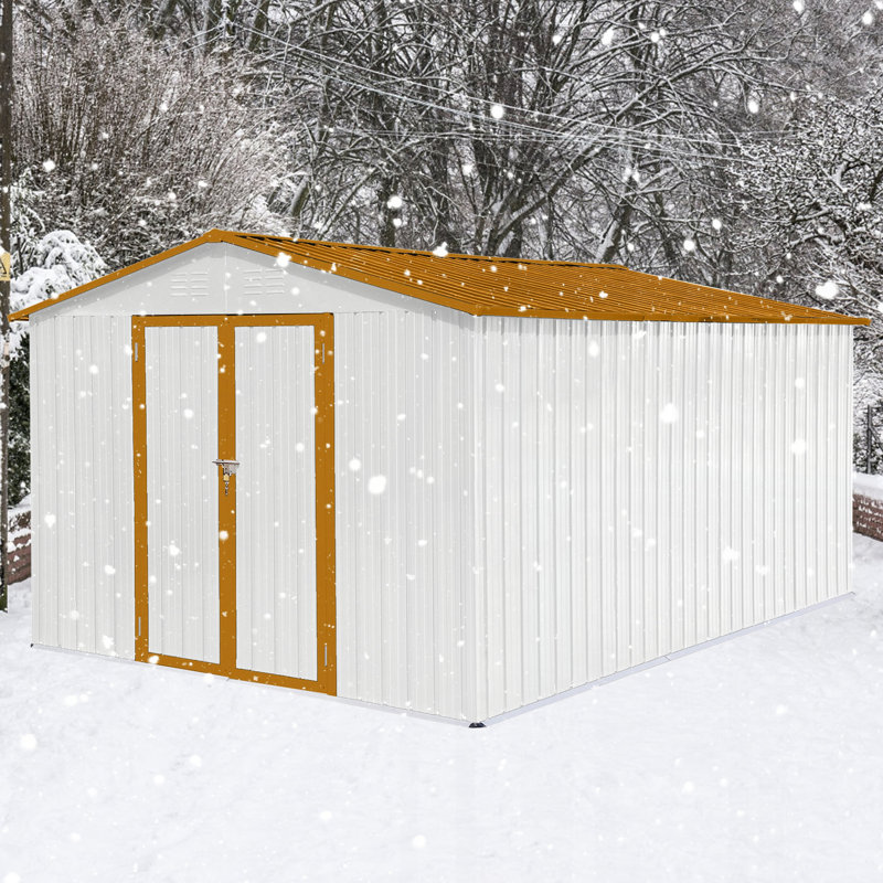 Abri de jardin en métal 12 pi x 10 pi entreposage extérieur blanc et jaune, H 79,9 po x l 112,5 po x P 142,5 po