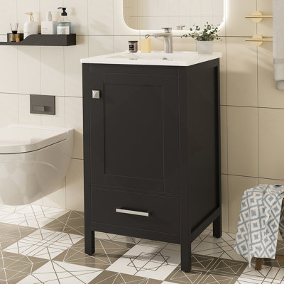 Meuble-lavabo moderne de 20 pouces avec lavabo en céramique, tiroir et porte à fermeture en douceur, organisateur de porte double couche, tiroir de séparation, patins réglables - conception de rangement peu encombrante