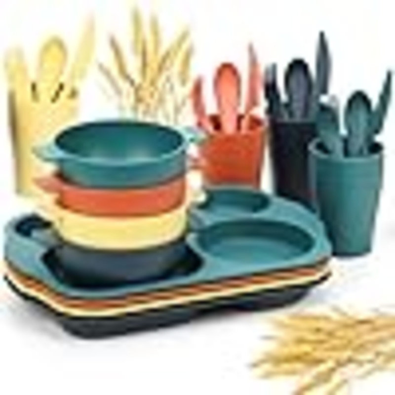 Ensemble 24 pièces de vaisselle en paille de blé pour enfants Ensemble d'assiettes pour tout-petits et bols incassables Sans BPA
