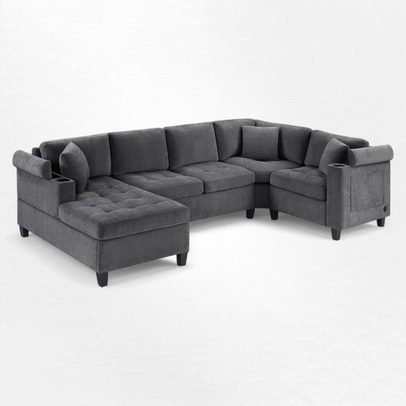 U-Shaped Sectional Sofa With Storage And USB Ports, Gray Chenille