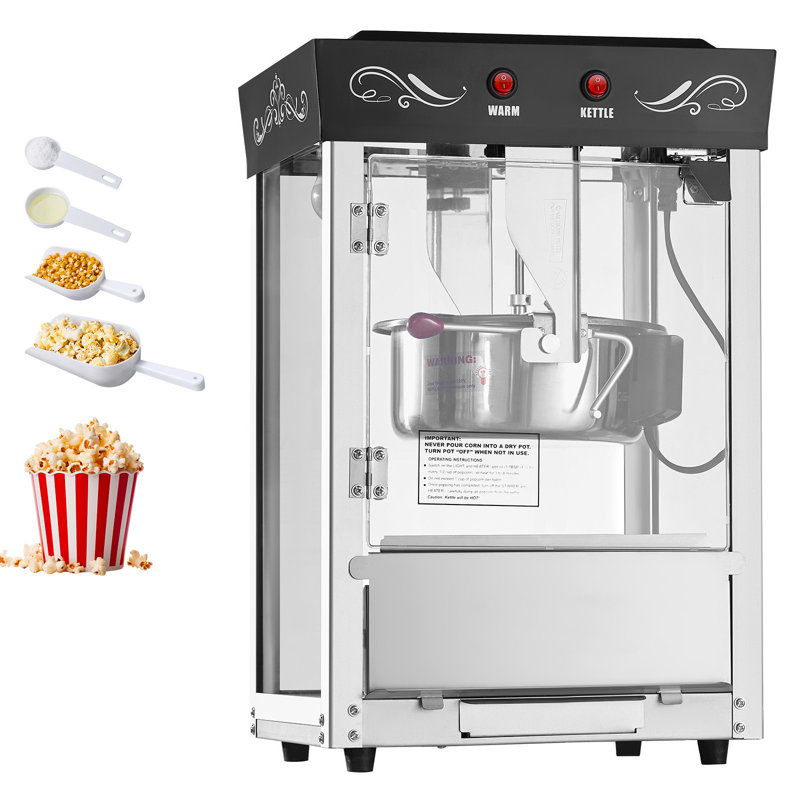 Machine à maïs soufflé, cuve en acier inoxydable 225 g, 800 W, modèle professionnel de comptoir, 48 tasses par fournée, style cinéma, avec panneau de commande à 2 boutons, porte vitrée, 1 dosette et 3 cuillères, noir