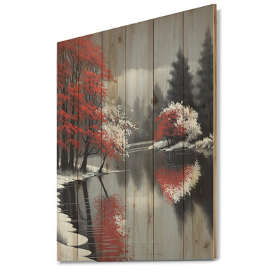 Snowy Red Trees By The Riverside - Art mural en bois paysage de forêt - bois de pin naturel