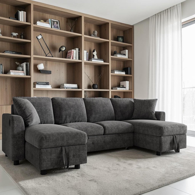 Chenille U-Shaped Sectional Sofa with 2 Storage Chaise Lounges, 2 Square Cushions, Grey Chenille