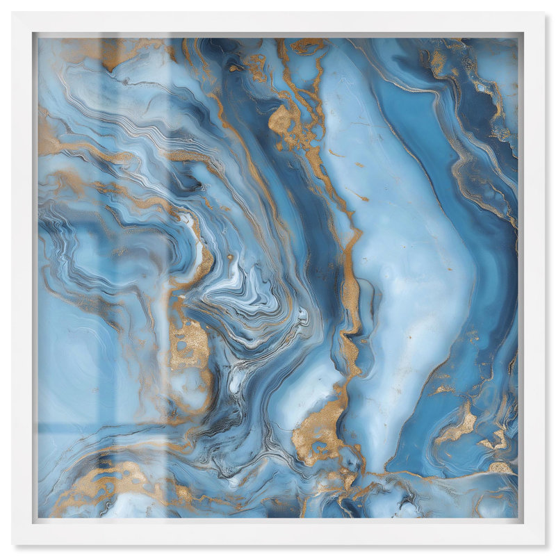 «River Gold Shadowbox Print», art abstrait bleu par Art Remedy, H 25 po x l 25 po, Blanc
