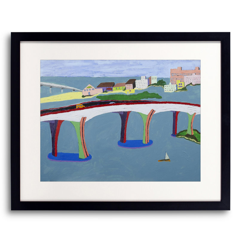 Clearwater Bridge par Sue Graef - Peinture, Papier avec cadre noir, H 17,25 po x l 21,25 po