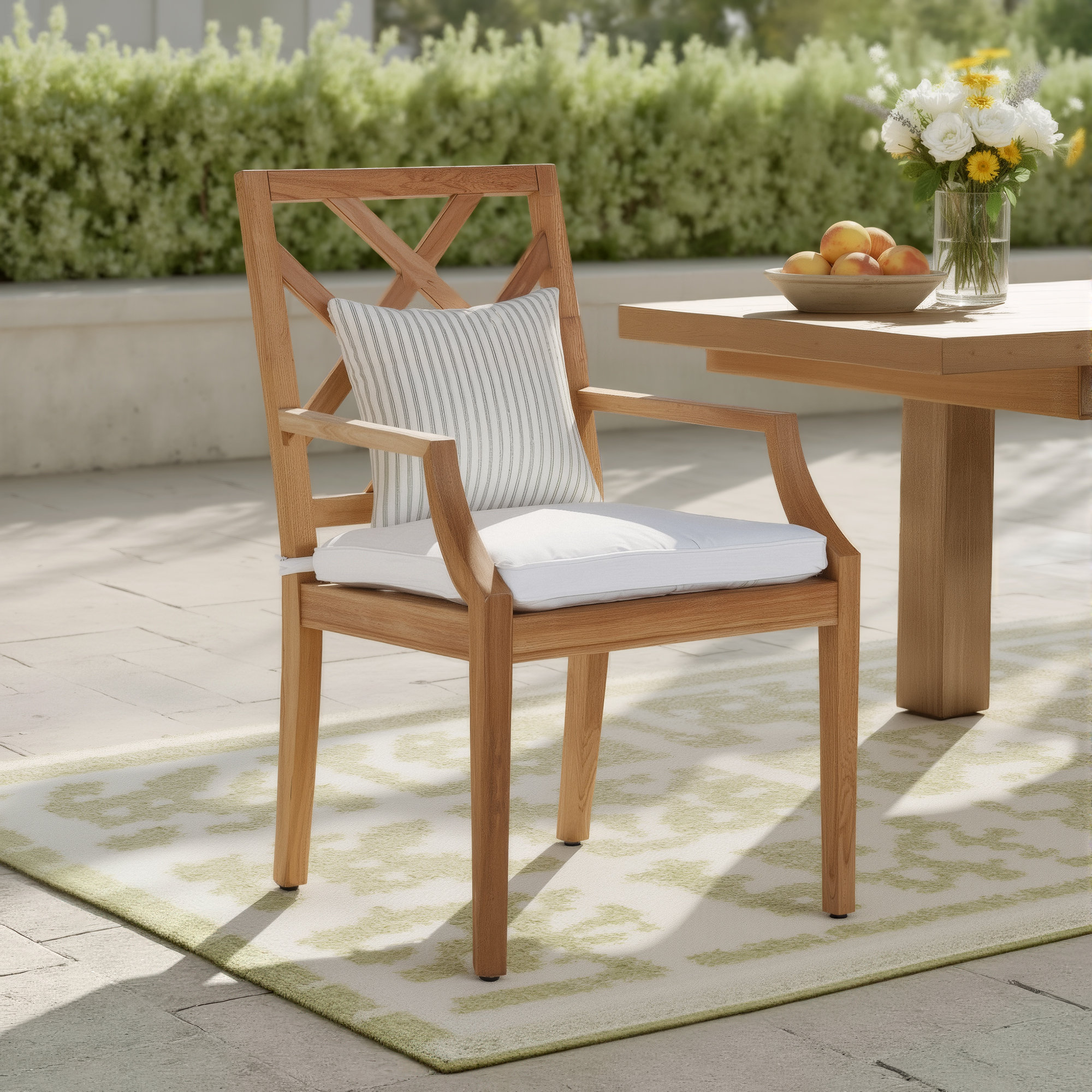 Haley Teak Outdoor Arm Chair Latticework Back, Natural Teak, Natural White, Welt
