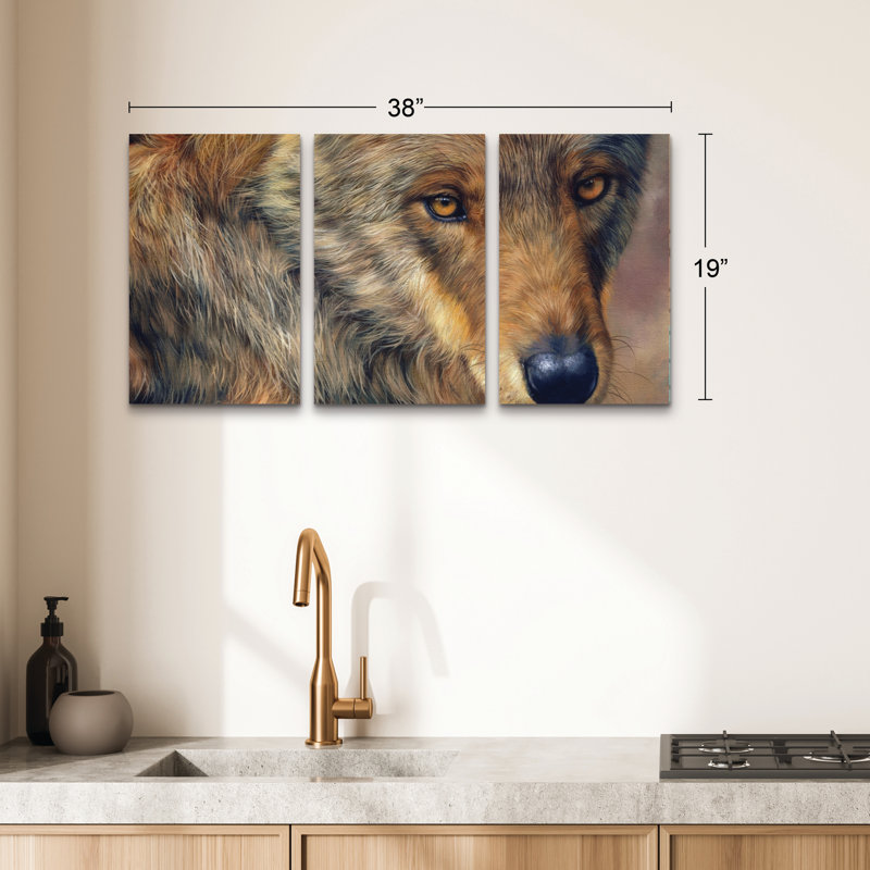Ensemble de 3 panneaux muraux - David Stribble «loup portrait», art mural sur toile pour le salon, la chambre à coucher ou le bureau 