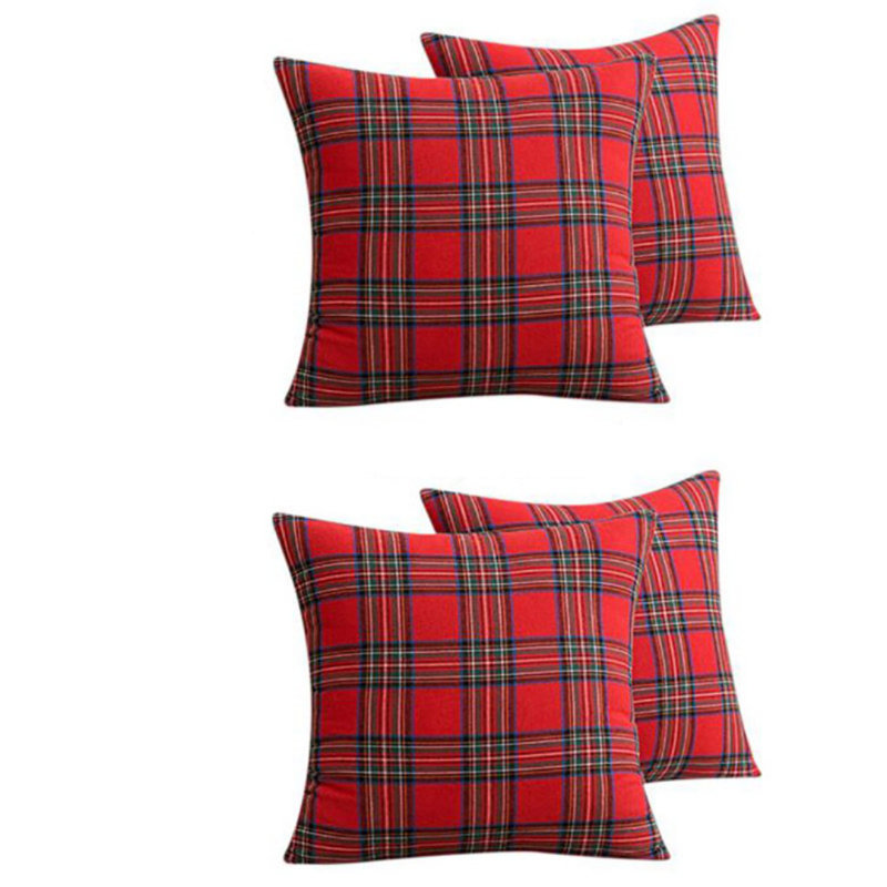 Set Of 4 Classic Red Grid Pillow Case 17.71In X 17.71In Scottish Tartan Plaid Cushion Covers Bed Sofa Pad Party Decor Throw Pillow Cover, A1