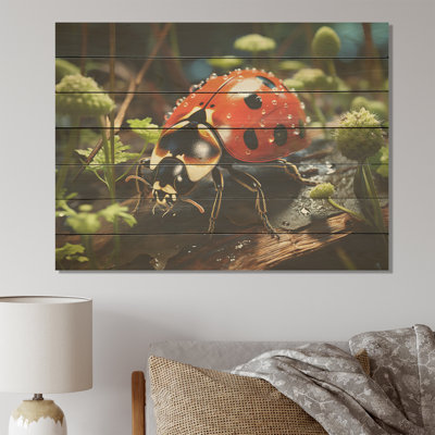 Adventurous Red Ladybug II - Ladybug On Wood Print