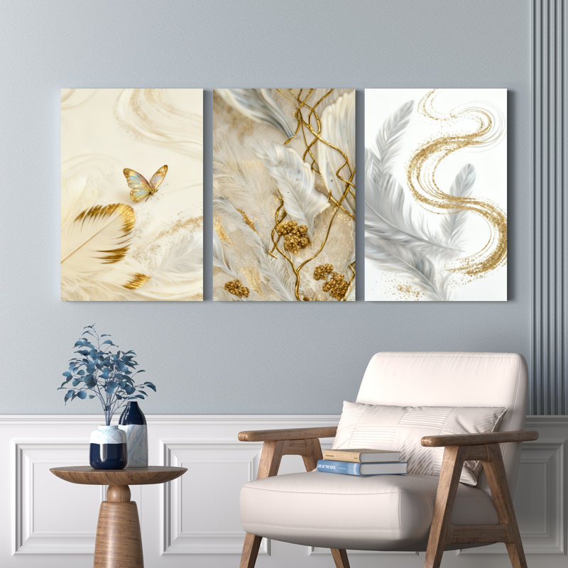 Tableau abstrait sur toile tendue, motif plumes dorées et papillons, style bohème chic élégant (lot de 3), H 24 po x l 48 po