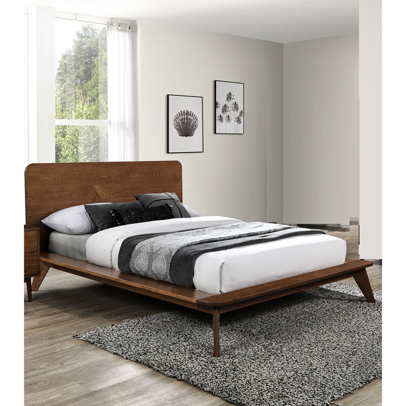 Lit plateforme en bois massif de très grande taille Mid-Century en noyer de style oriental, tête de lit à panneau, pieds inclinés fuselés, lit simple de style moderne pour chambre à coucher, unité avec matelas