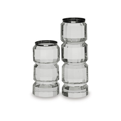 Ensemble de 2 porte-bougies Meru, pilier empilé en cristal et verre argenté