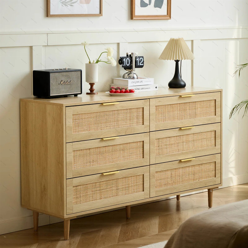 Commode de chambre en rotin 59 po à 6 tiroirs 59 po, Naturel