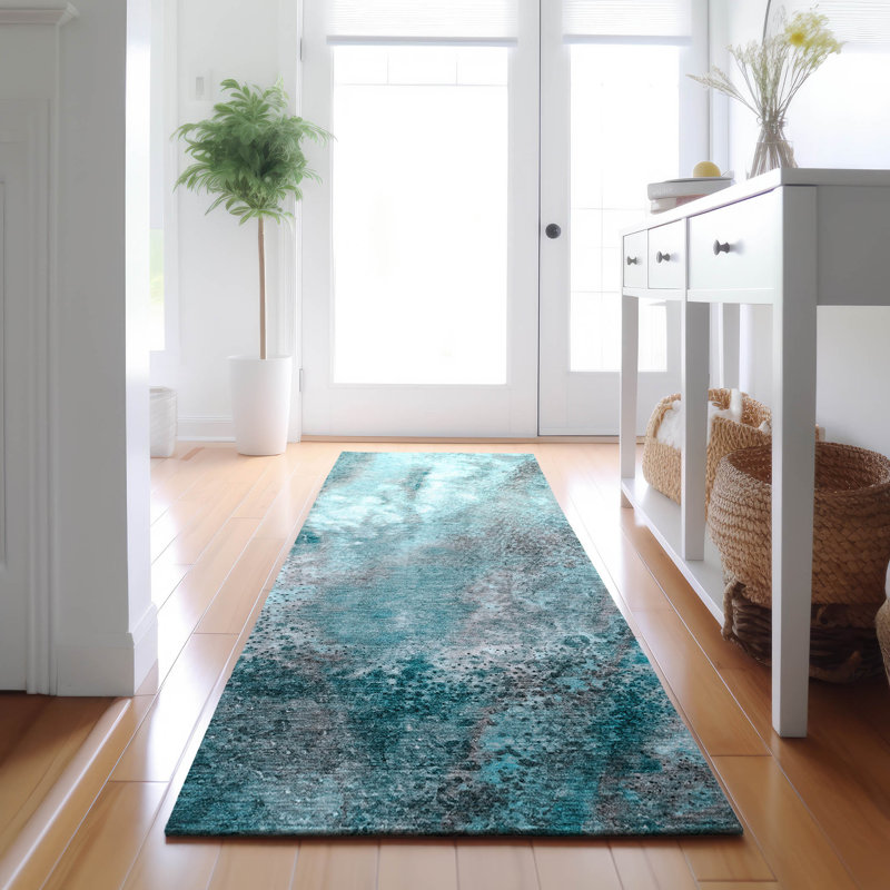 Premium Machine Washable Cerrito AMF505 Teal Rug, Runner 2'3" x 7'6"
