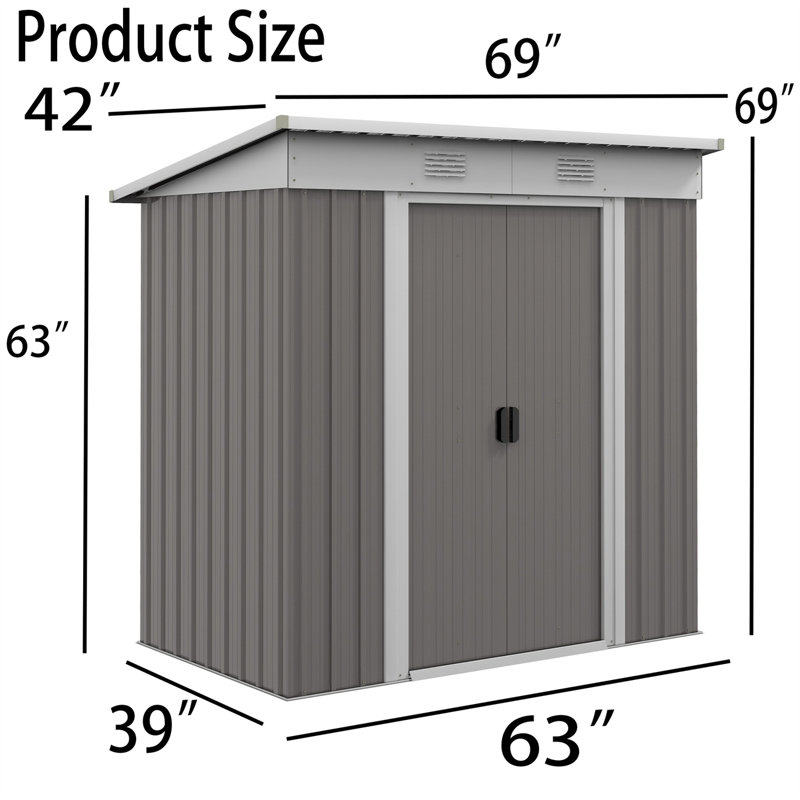 Outdoor Storage Shed, 69" H x 69" W x 42" D, Gray