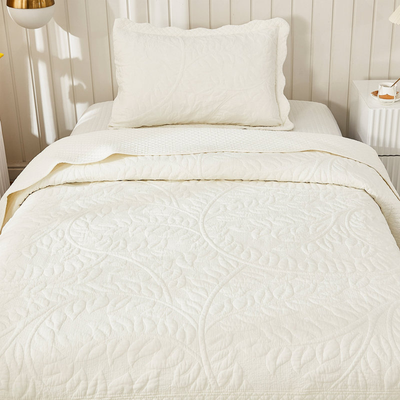 Soft White Twin Cotton Floral Quilt and Sham Set