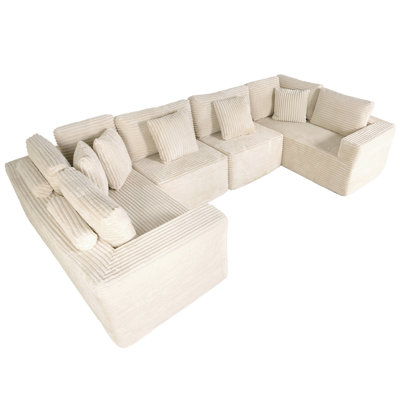 135.5" Beige Corduroy Modular Sectional Sofa: 6-Seater U-Shaped Couch with Reversible Chaise Lounge, Freely Configurable for Small Apartments/Living Rooms (Easy to Assemble)