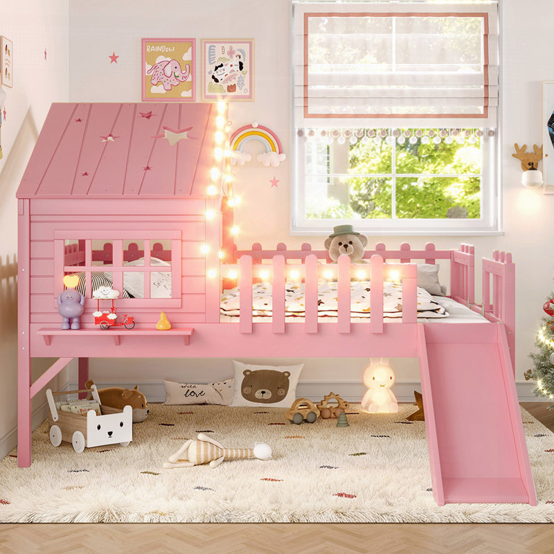 House Loft Bed with Slide, Playhouse Design with Star Moon-shaped Cutouts and LED Lights, No Box Spring Needed, Full, Pink