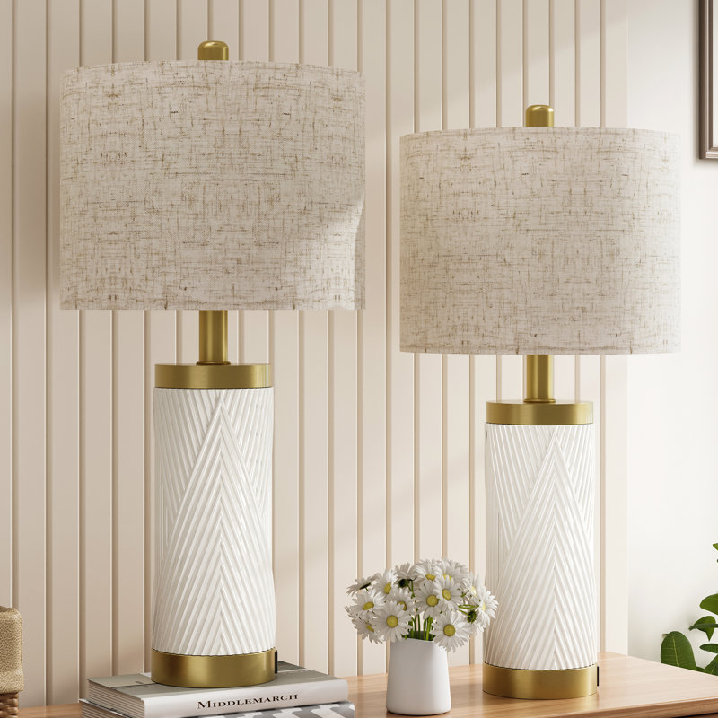 24.5" White Ceramic Table Lamp, Modern Bedside Nightstand Lamp Set for Living Room, USB Ports (Set of 2), White, White
