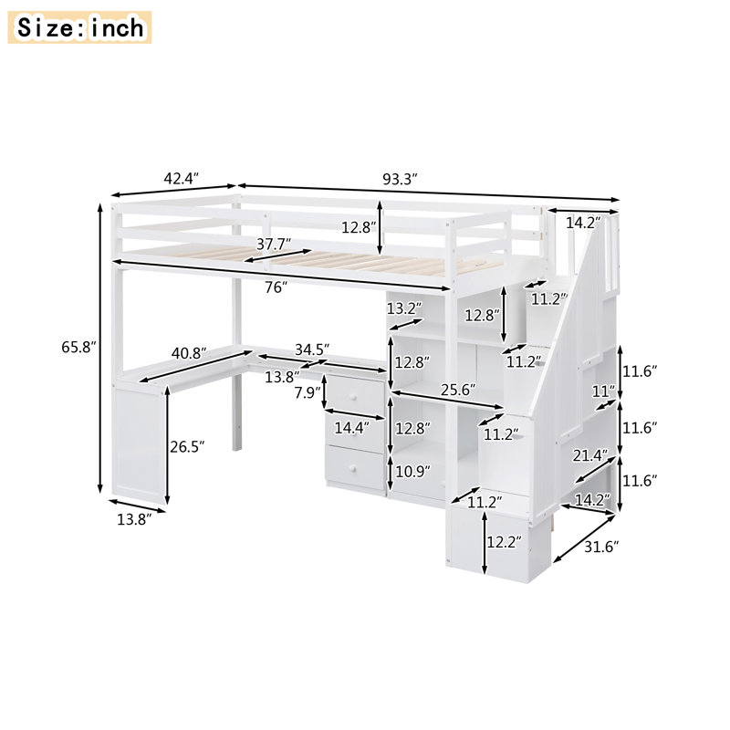 Joani Kids Twin Loft Bed with Drawers, White