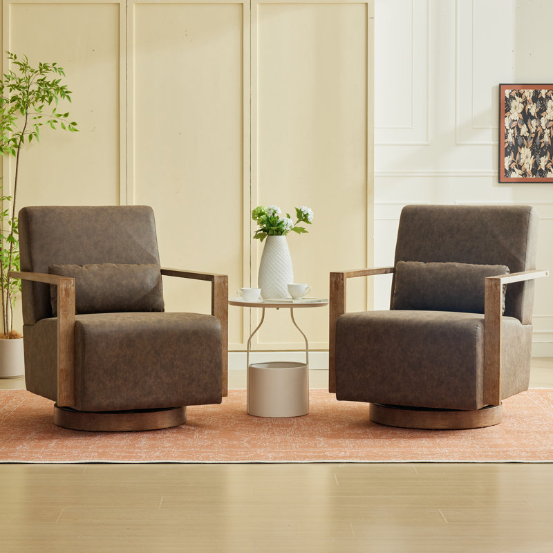 Fauteuil pivotant avec base en bois massif (ensemble de 2), Similicuir café