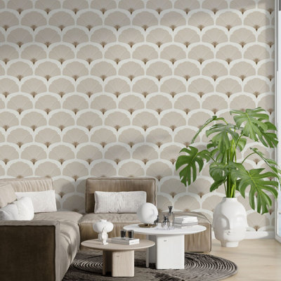 Papier peint mural beige à motif éventail Art déco | Papier peint géométrique en forme de coquillage | Intissé ou autocollant