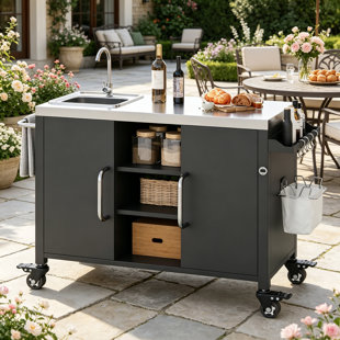 55.5" Outdoor Kitchen Island with 304 Stainless Steel Sink, Mobile BBQ Prep Cart with Storage Cabinet & Locking Wheels