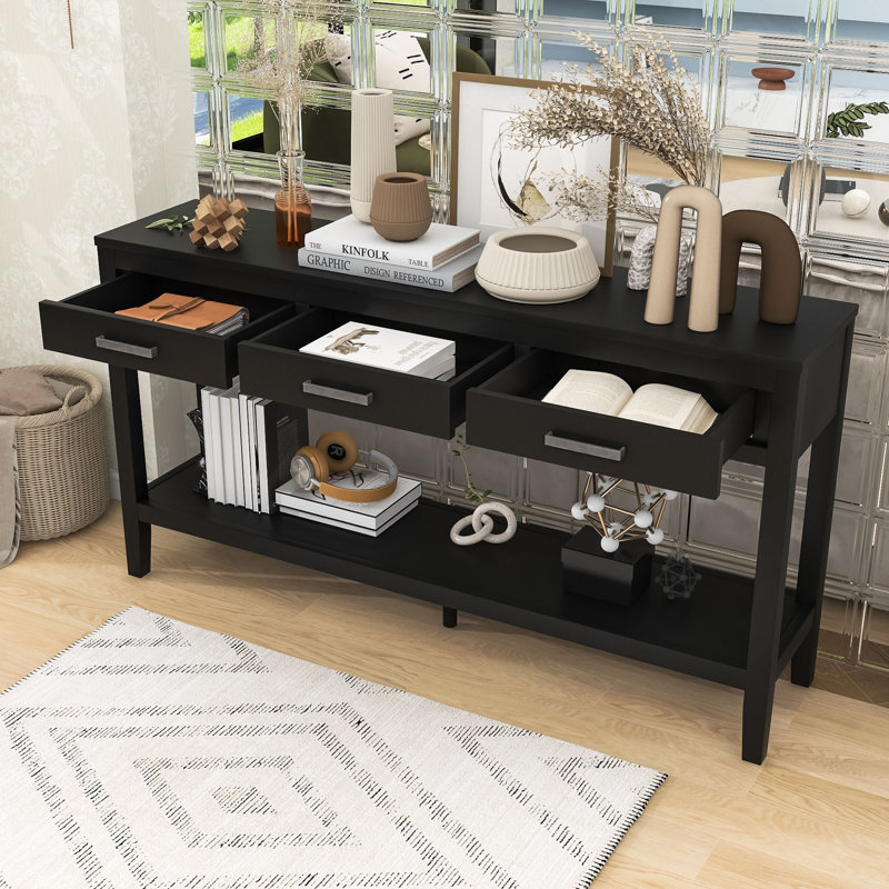 Console à trois tiroirs en bois avec tablette et poignées, Noir