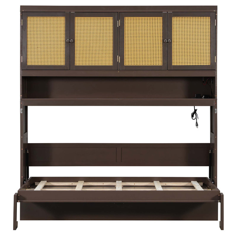 Lit escamotable avec armoire supérieure, lit escamotable peu encombrant avec lumière et USB pour la vie moderne (matelas non inclus)